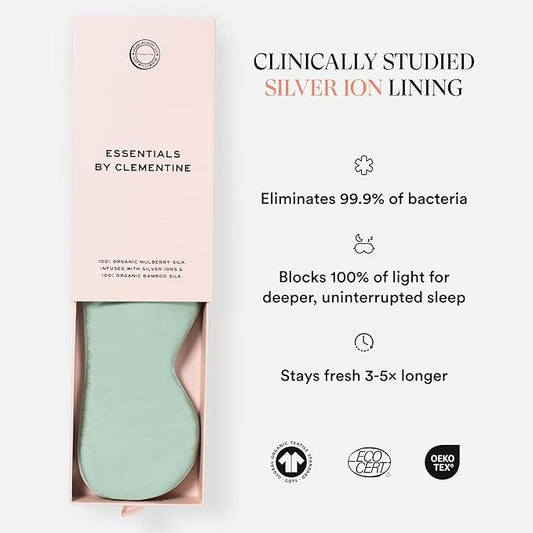 Clementine Sleepwear Essentials Organic Match Point Green Sleep Mask | Oversized Contoured Eye Mask with Bamboo and Silver Ion Silk for Sensitive Skin and Restful Sleep