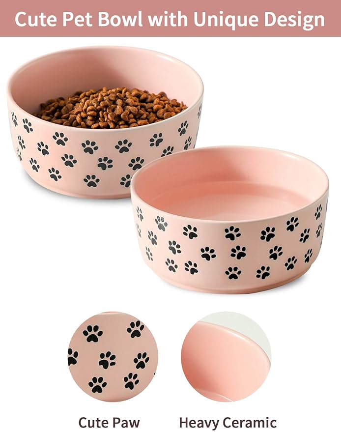 UBEE 6.5 inch Dog Bowls Set of 2, Ceramic Dog Food Water Bowl Dishes with Paw Pattern, Pet Food Water Dish Feeding for Small and Meidum Dogs and Large Cat, Pink