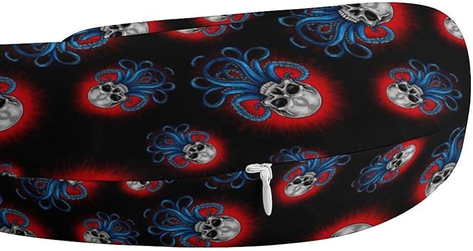 Youth Travel Neck Pillow Soft Memory Foam Chin Support Abstract Skull Octopus Tentacles, Washable Cover for Boys Girls Airplane Car School Rest