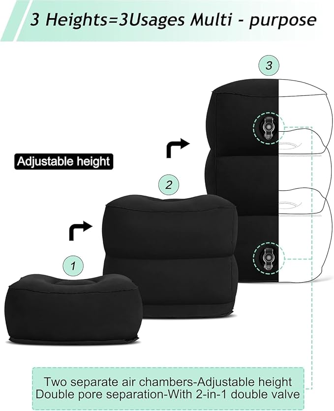 JefDiee Inflatable Travel Foot Rest Pillow, Kids Airplane Bed, Adjustable 3 Layers Height Leg Rest Pillow, Adults Travel Essentials Great for Airplane, Office, Home, Trains, Cars (Black)