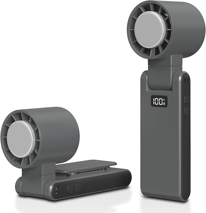 OTPEIR Portable Handheld Turbo Fan with Cooling Tech, Digital Display, 100-Speed Control, Rechargeable 4-in-1 Personal Fan for Travel, Outdoor, Office (Grey)