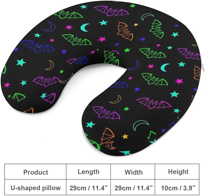 Pain Relief Travel Neck Pillow Halloween Gothic Moon Star Cute Neon Bat, Memory Foam U Shaped Support, Breathable Zip Cover for Airplane Car Office Men Women