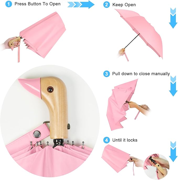 Duck Handle Umbrella Kids - Compact Portable Folding Lightweight Small Strong Wooden Duck Windproof Travel Umbrella for Kids Gifts