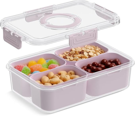 Snackle Box Container, Upgrade Dishwasher,Safe Snack Box for Adult Kids, 4 compartments Plastic Divided Serving Tray with Lid and Handle for Candy, Fruits, Snacks, Nuts,Small,Pink,1 Pack