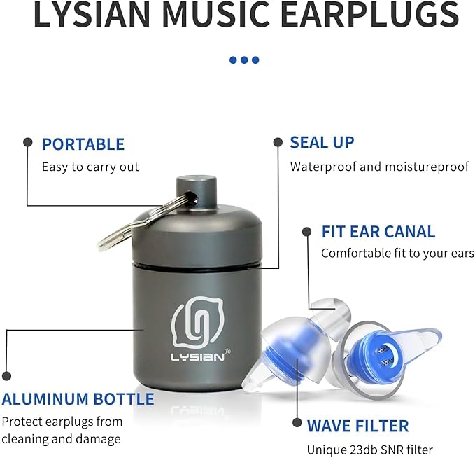 LYSIAN High Fidelity Concert Ear Plugs for Music- 2 Pairs Reusable Musicians Earplugs for Noise Cancelling, Concert Festivals, Drummers, DJS, Raves, Games -23dB