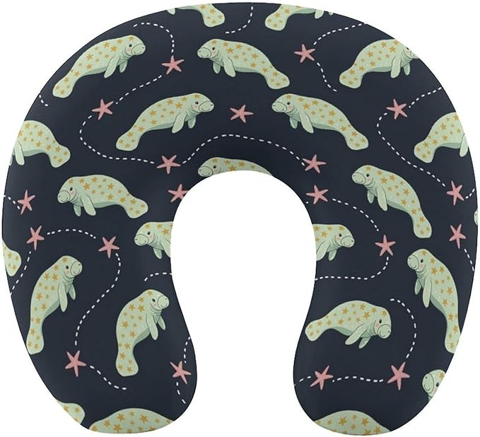 Women’s Travel Pillow U-Shaped Memory Foam Neck Rest, Manatee Animals U-Shape, Washable Airplane Car Support