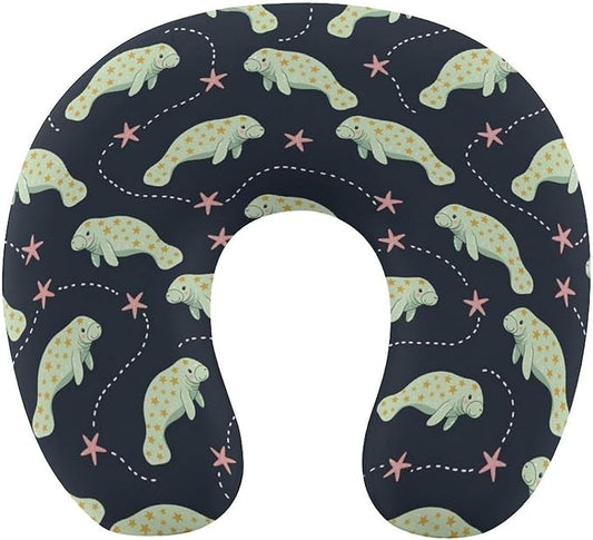 Women’s Travel Pillow U-Shaped Memory Foam Neck Rest, Manatee Animals U-Shape, Washable Airplane Car Support