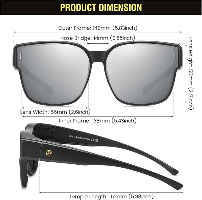 DUCO Fit Over Sunglasses for Men Women Wear Over Glasses Retro Wrap Around Polarized Sun Glasses UV400 Protection DC8981