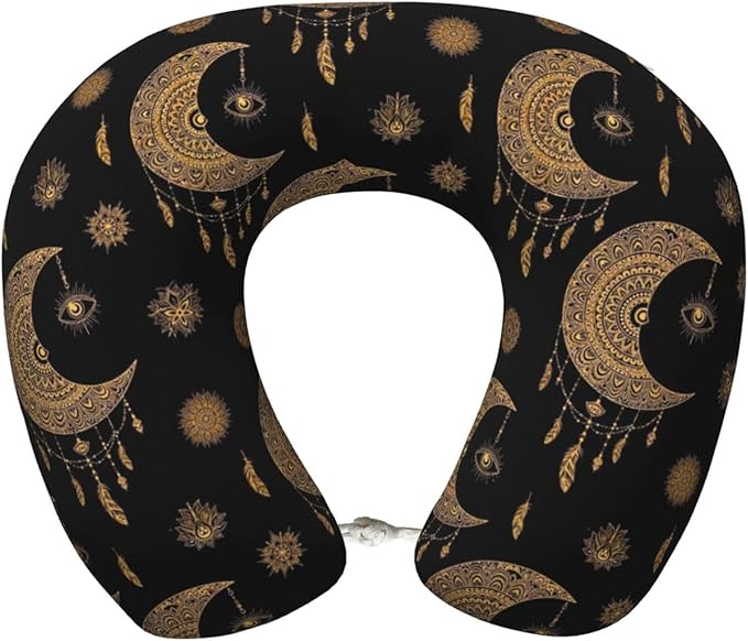 Comfortable Memory Foam Neck Pillow Mandala Boho Crescent Moon Sun Dream Catcher, Travel U Shaped Airplane/Car/Flight Pillows with Removable Zipper Cover, Chin Head Neck Support Cushion