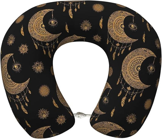 Comfortable Memory Foam Neck Pillow Mandala Boho Crescent Moon Sun Dream Catcher, Travel U Shaped Airplane/Car/Flight Pillows with Removable Zipper Cover, Chin Head Neck Support Cushion