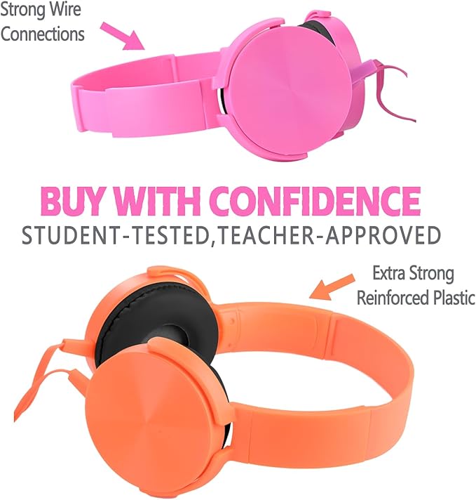 Kids Headphones 2 Pack for School Classroom K-12, Durable Wired Student Computer Online Learning Headset for Laptop Library Airplane and Travel (Pink+Orange)