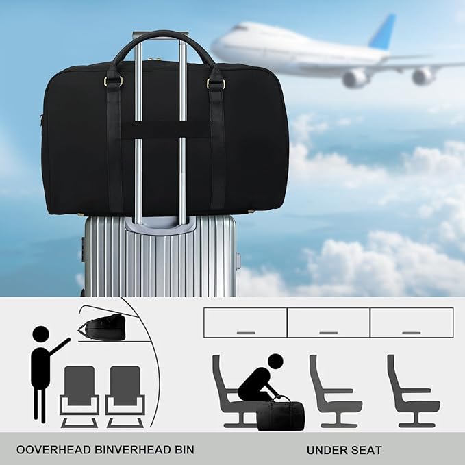 Travel Duffle Bag for Women & Men - Weekender Overnight Bag, Large Carry-On Gym Bag, Sports Duffel, Hospital Bag, Yoga Tote,Work Bag & Trolley Sleeve (Black)