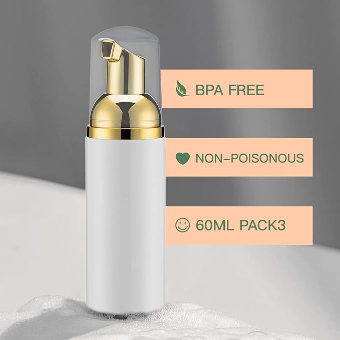 2oz Foam Pump Bottle (3PCS) Empty Travel Foaming Dispenser for Hand Soap, Lash Cleanser, Shampoo (60ml, Gold &Black,White,Pink