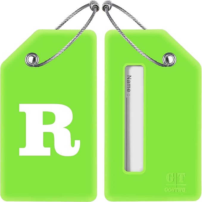 Gostwo 2 Pack Silicone Luggage Tags for Suitcases, 26 Initial Letter Baggage Labels Handbag School Bag Suitcase Instrument Tag with Stainless Steel Loop(Green)(Letter R)