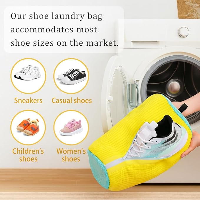 shoe washing machine bag & Drying Set – 2 Reinforced Wash Bags + 2 Dry Hooks + 2 Shoe Shapers for Sneakers & Sports Shoes | Washer & Dryer Safe (6PCS, Yellow Bags)
