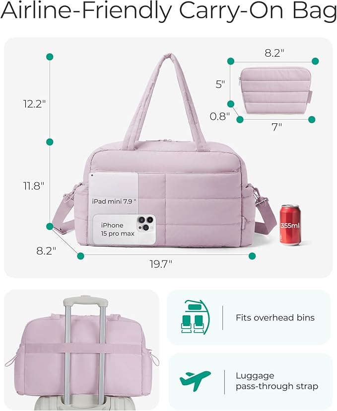 BAGSMART Gym Bag for Women, Lightweight Puffer Duffle Bag 2-PC Travel Bag, 31L Weekender Overnight Bag Quilted Carry On Tote Bag, Diaper Hospital Dance bag for Travel, Gym, Water Resistant