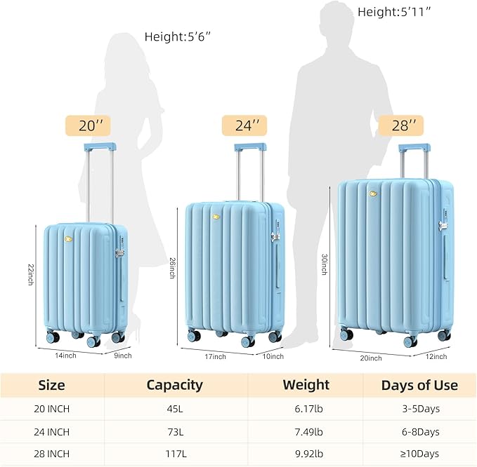 MGB Hardside Checked Luggage with Wheels, Lightweight Durable Medium Luggage with TSA Lock, PC Hard Shell Suitcase for Travel with 360°Double Spinner Wheels