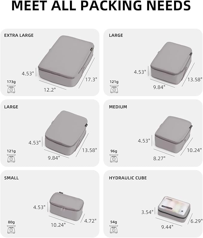 6 Set Compression Packing Cubes for Travel, Large Medium Small Luggage Organizers, Storage Bags for Clothes (6 Pack, Misty Silver)