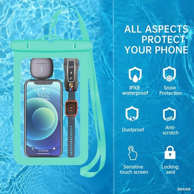 [Up to 6.9"+Up to 8.9" 2 Pack Waterproof Phone Pouch Case,Waterproof Phone Bag for iPhone 17 16 15 14 13 Pro Max Plus Galaxy S25 Ultar,IPX8 Cellphone Dry Bag Beach Travel Essentials-Green