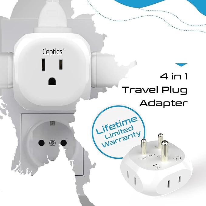 Ceptics India, Pakistan Travel Adapter - 4 Input - Ultra Compact - Light Weight - USA to Any Type D Countries Such as Bangladesh, Maldives and More - 2 Pack (PT-10)