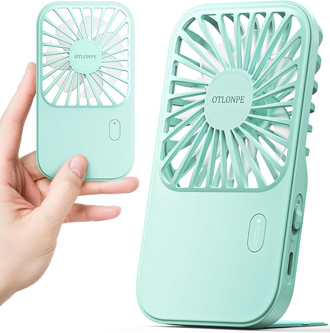 Otlonpe Rechargeable Mini Portable Handheld Fan, Small Personal Battery Powered Handheld Portable Fans for Hand Held Desktop Travel, Foldable Stand, Slim Cordless, Wrist Strap, 3-Speed (Teal)