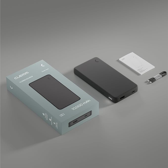 Clemm Portable Charger 10,000mAh Dual Port (USB-A, USB-C), Graphite