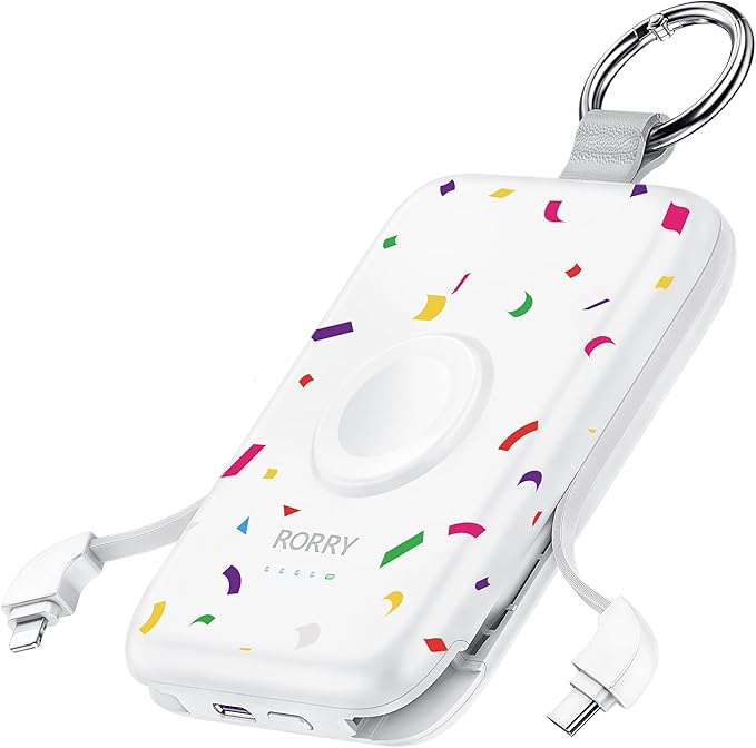 RORRY Portable Charger, 10000mAh PD 20W Fast Charging Portable Charger Power Bank with Built in Cables, Travel Battery Pack for iPhone 17/16/15/14/13/12 and Apple Watch, Confetti-White