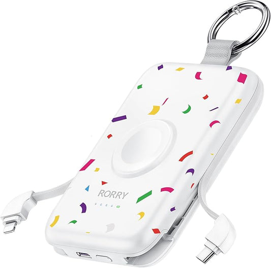 RORRY Portable Charger, 10000mAh PD 20W Fast Charging Portable Charger Power Bank with Built in Cables, Travel Battery Pack for iPhone 17/16/15/14/13/12 and Apple Watch, Confetti-White