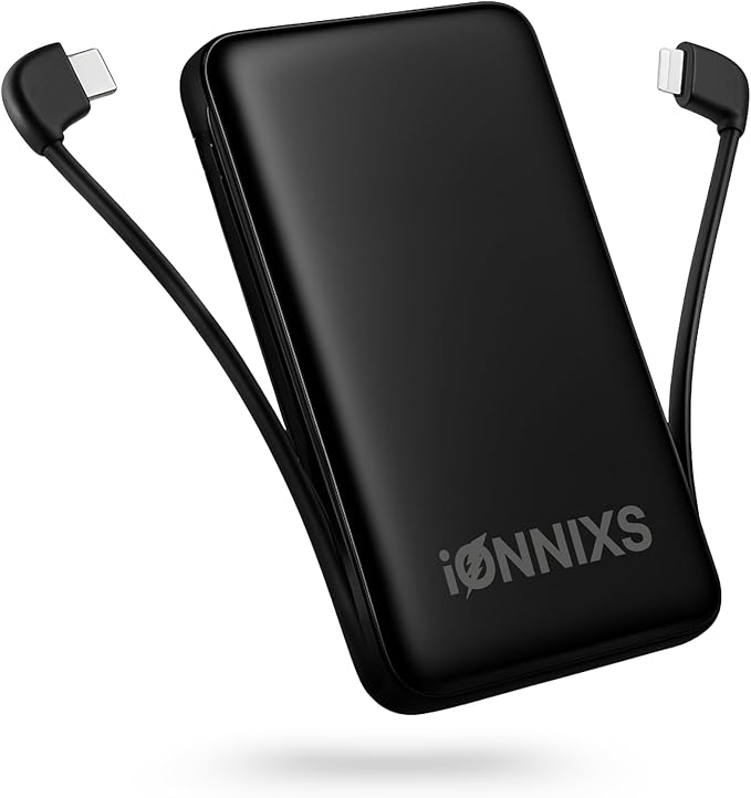 Portable Charger with Built in Cable - 10000mAh Ultra-Slim Portable Charger Power Bank with USB-C Cable, Lightning Cable - Fast Charge 20W - LED Battery Indicator, Power Bank (Black, 10.000mAh)