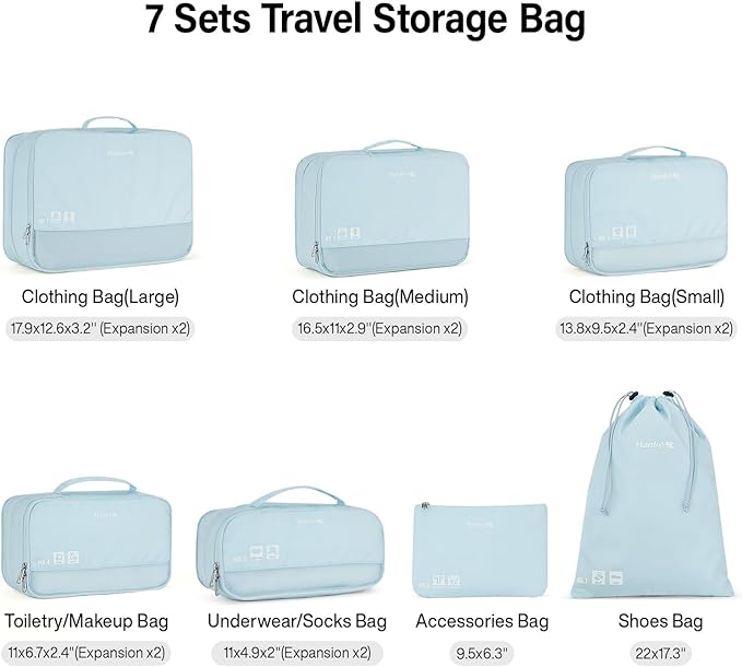 Packing Cubes for Travel, Hanke 7 Set Packing Cubes with Double Zipper,Compression Travel Bags Expandable Design,Durable Packing Organizers for Suitcase Backpack and Carry-On