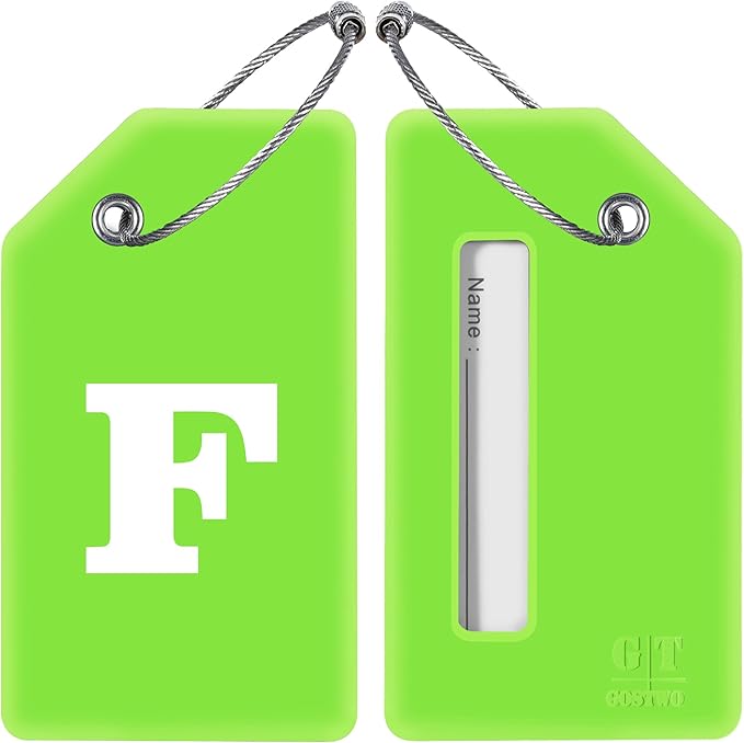 Gostwo 2 Pack Silicone Luggage Tags for Suitcases, 26 Initial Letter Baggage Labels Handbag School Bag Suitcase Instrument Tag with Stainless Steel Loop(Green)(Letter F)