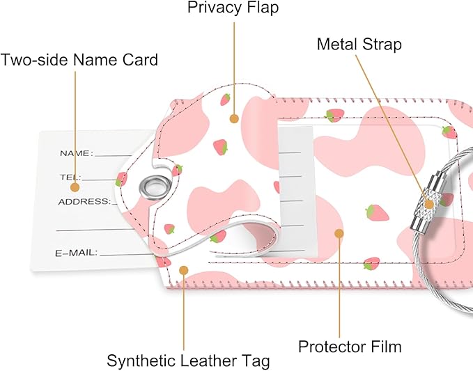 Fintie Luggage Tags, Privacy Cover ID Label with Stainless Steel Loop and Address Card for Travel Bag Suitcase - Strawberry Cow (2 Piece)