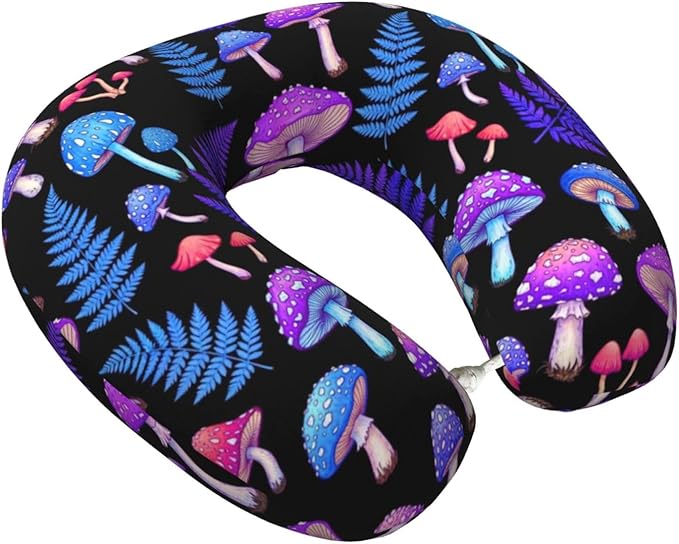 Travel Pillow for Men Women, Washable Relax U Shaped Neck Pillows for Car Head Pain Relief Sleeping Trippy Purple Blue Mushrooms