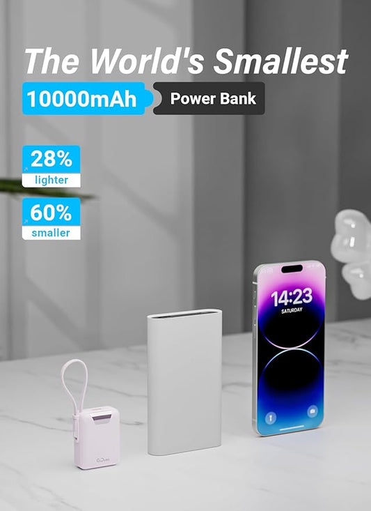 Mini Portable Charger, 10000mAh Ultra-Compact Power Bank, 22.5W PD Fast Charging, Tpye-C Built-in Cable, Small Size External Battery Pack for iPhone, Samsung, Android iPad (Pink)