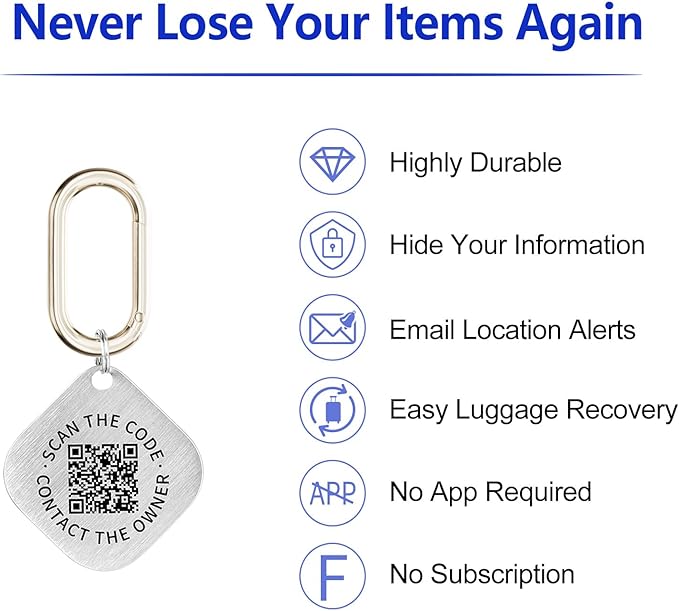 QR Code ID Tags - 4-Pack Smart Locator for Keys, Pets, Luggage – Location Notification on Scan | Ideal for Travel, Collars & Keychains
