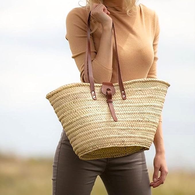 FRENCH BASKET Straw Beach Tote Bag with Leather Handles, Canvas Pouch & Zip Closure, Moroccan Market Basket for Summer