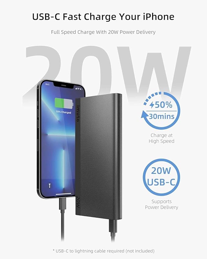 imuto Portable Charger, Slim 20W PD 10000mAh Power Bank, USB C in & Out Fast Charging Battery Pack, Travel Essential External Phone Charger for iPhone, iPad, Samsung, Google, LG