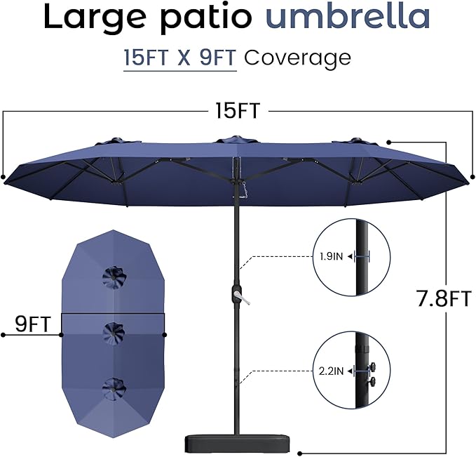 DomeShade 15ft Patio Umbrella with Base,Large Outdoor Double-Sided Rectangle Umbrella with Crank Handle, Market Umbrella for Poolside Garden Deck Backyard Beach Pools, Blue