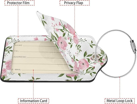 Watercolor Floral 2-Pack Luggage Tags for Suitcases,Leather Baggage Tag with Loop, Tags Private Name ID Labels for Women Girl Men Boys Travel Baggage Suitcase