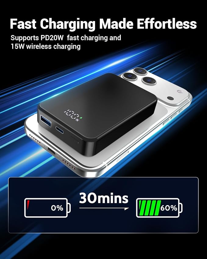 Magnetic Portable Charger for Magsafe Power Bank, 26800mAh 20W PD Large Capacity Aluminum Alloy USB-C in&Out Wireless Fast Charging Battery Pack for iPhone 17Pro Max/16/15/14/13/12 Series, Black