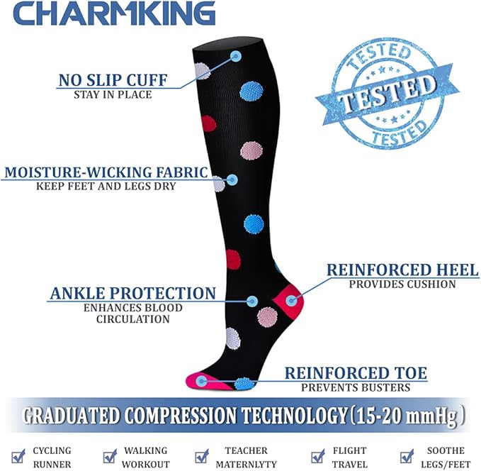 CHARMKING Compression Socks for Women & Men Circulation (8 Pairs) 15-20 mmHg is Best Support for Athletic Running,Cycling