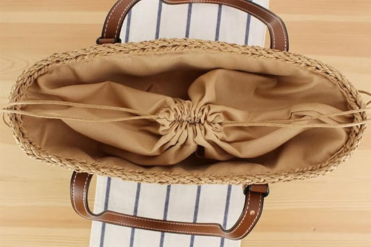 Womens Straw Tote Handbag - Summer Beach Bag with Top Handle - Handwoven Shoulder Bag - 2024