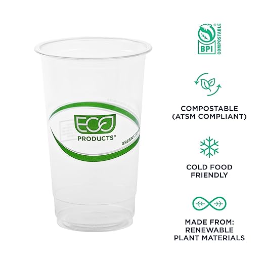 ECO PRODUCTS GreenStripe Clear Compostable 32oz PLA Large Plastic Cups, Case of 600, Disposable Renewable Plant-Based Cold Cups, For Cold Drinks & Snacks, BPI Certified, ASTM Compliant.