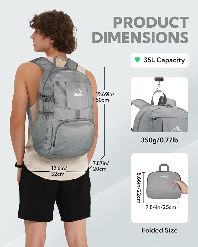 WATERFLY Hiking Packable Daypack Backpack: 35L Ultra Lightweight Day Pack for Woman Man - Large Compact Folding Back Pack for Outdoor Sport Cycling Camping Travel Trip - Gray