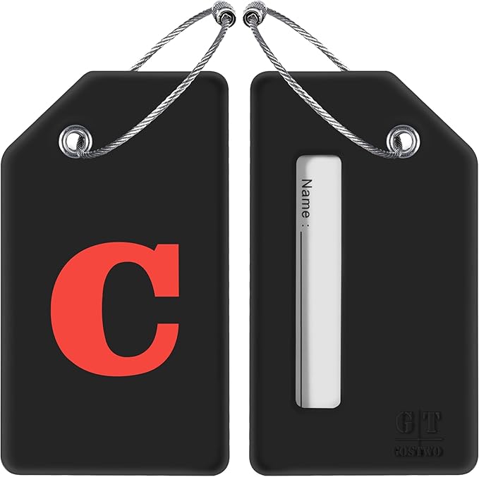 Gostwo 2 Pack Silicone Luggage Tags for Suitcases, 26 Initial Letter Baggage Labels Handbag School Bag Suitcase Instrument Tag with Stainless Steel Loop(Black)(Letter C)
