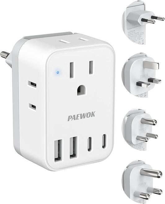 International Travel Adapter Set, US to UK/EU/South Africa/India Universal Power Adapter- 4 AC Outlets 4 USB Ports (2 USB C), Travel Plug Adapter Kit Include Type G/C/M/D Detachable Plug