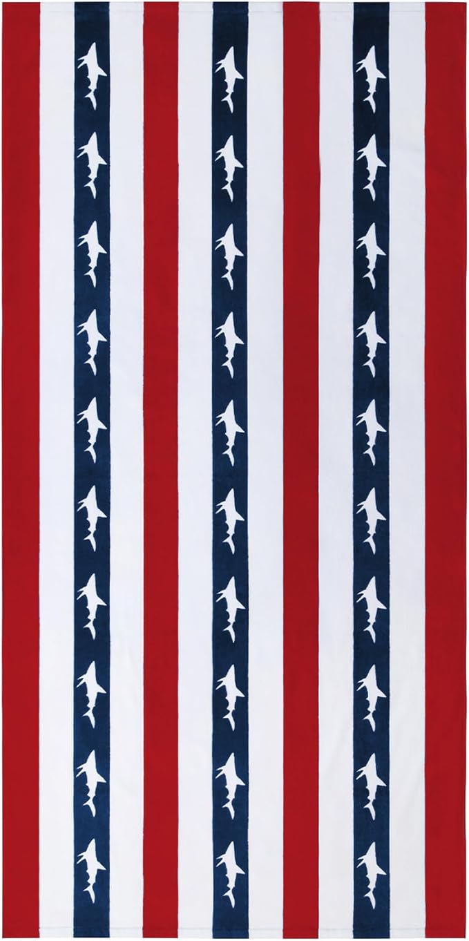 cabanana Large Beach Towel Oversized - Cotton Velour 35 x 70 Inch Shark Striped Terry Pool Towel, Cabana Soft Swimming Towel for Adults Women Men (Navy Red)