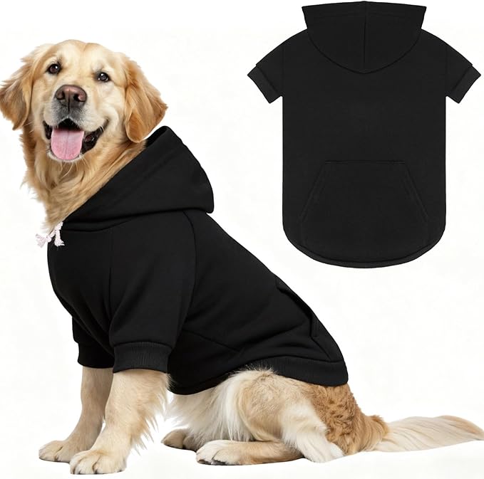 3XL Dog Sweaters for Large Dogs,Dog Hoodie,Cozy Fleece Interior Sweatshirt with Hood & Pocket,Leash Hole,Pet Clothes Sweater for Small,Medium,and Large Dogs,Black&3XL