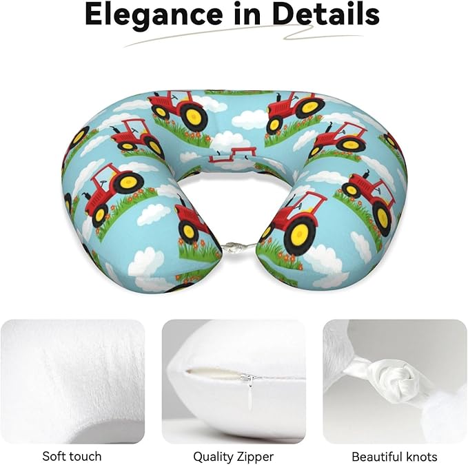 Travel Pillow Chin Neck Support, Comfortable Airplane Car Pillows for Rest, Memory Foam U Shaped Office Home Nap Sleeping Cushion Toy Tractor Pattern