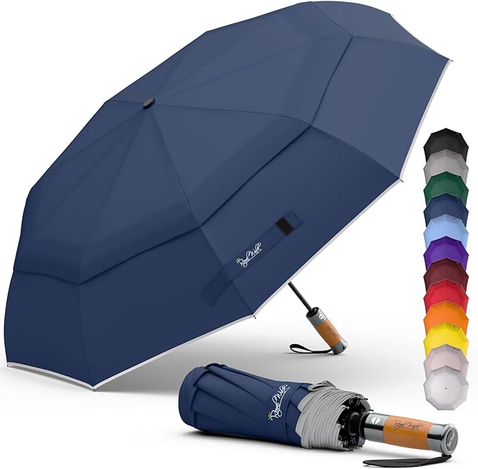 Royal Walk Windproof Folding Travel Umbrella Compact and Strong Luxurious Real Wood Handle Automatic Open Close Vented Double Canopy for Men and Women